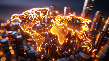 cinematic representation of global economic growth with glowing world map overlaying city skyline, symbolizing connectivity and progress