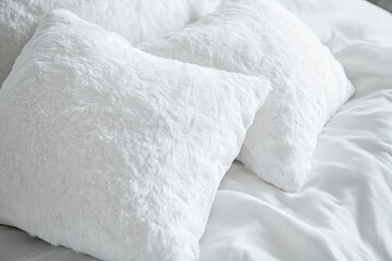 Obraz premium close-up of fluffy white pillows with subtle texture illuminated by soft natural light