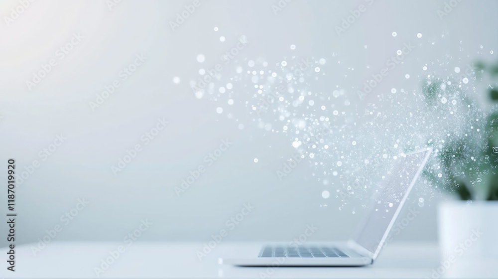 Poster Modern Laptop with Digital Data Streams in Minimalist Workspace