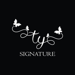 TY Handwritten initial letter, TY simple signature vector logo with butterfly shape variation, beauty, photography letter logo design. T Y