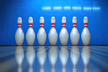 Naklejka premium creative display of bowling pins aligned perfectly against solid blue background symbolizing precision and sport