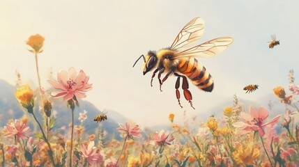 Naklejka premium Watercolor painting, honeybee in flight, wildflower meadow, soft pastel colors, dreamy atmosphere, delicate brush strokes, ethereal landscape, pollination scene, nature illustration, misty background,