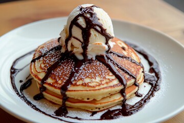 Indulging in warm pancakes topped with ice cream and chocolate sauce at a cozy cafe