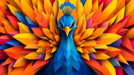 Obraz premium Vibrant peacock illustration with geometric, colorful feathers. A stunning display of color and design.
