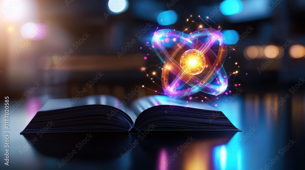Aufkleber glowing atom symbol above open book represents knowledge and science. vibrant colors and light effec