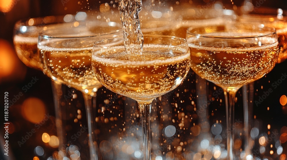 Poster champagne is being poured into a set of sparkling glasses during a joyful celebration. the scene cap