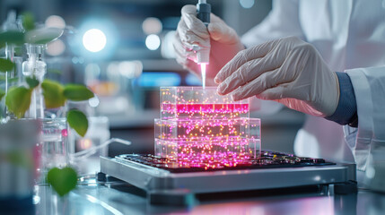 researcher in sterile laboratory uses pipette to transfer liquid into petri dishes filled with glowing substances, showcasing biotechnological innovation and precision