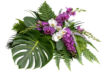 Tropical vibes plant bush floral arrangement with tropical leaves Monstera and fern and Vanda orchids tropical flower decor on tree branch liana vine plant isolated on white background