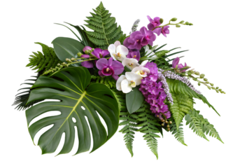 Tropical vibes plant bush floral arrangement with tropical leaves Monstera and fern and Vanda orchids tropical flower decor on tree branch liana vine plant isolated on white background