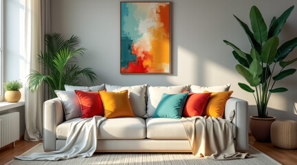 sunlit living room with beige sofa colorful accents