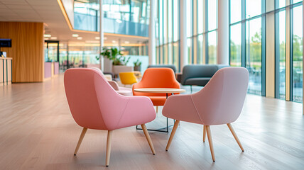 Stylish break space in an office with colorful chairs, a round table and large windows. Ideal for graphic resources.