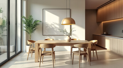 minimalist dining room with wooden furniture natural light