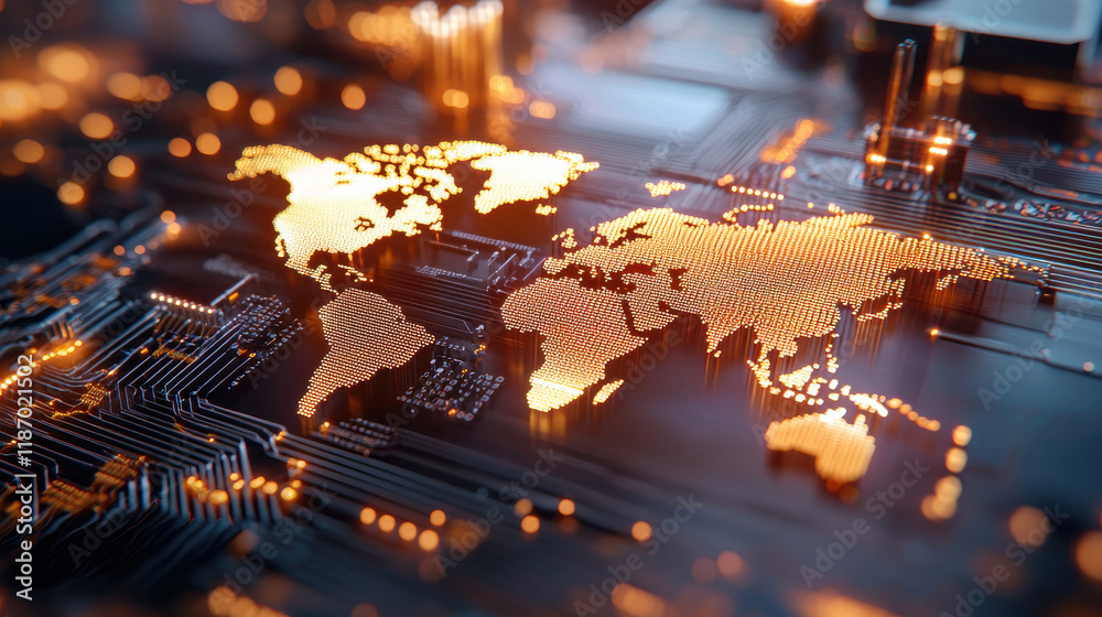 Poster cinematic visualization of glowing world map on circuit board, showcasing technology and connectivit