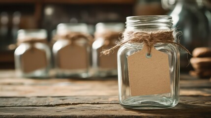 Rustic glass jars with twine and paper tags evoke an artisanal, eco-friendly aesthetic ideal for craft packaging and homemade goods.