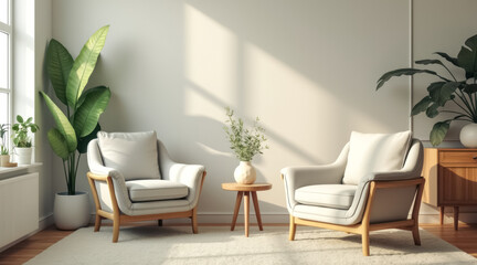 sunlit living room with two light-grey armchairs