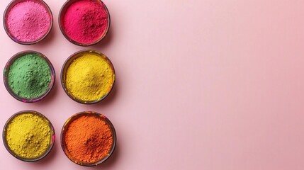 flat lay of bowls filled with bright holi powders arranged in circular pattern on smooth pastel pink background