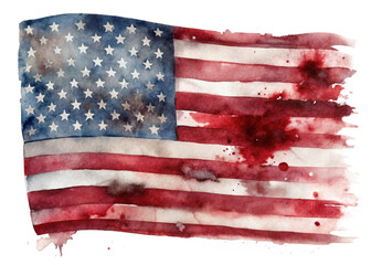 Watercolor American flag, vibrant colors, patriotic design, artistic representation, textured background, abstract style.