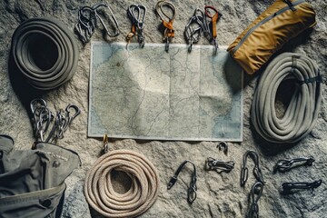 flat lay of mountain climbing gear including ropes carabiners and map arranged on textured rock surface