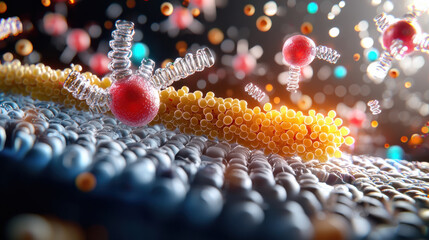 Cinematic visualization of molecular biotechnology showcasing vibrant molecules interacting on cellular membrane, highlighting complexity of biological processes