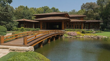 Obraz premium Wooden House and Bridge Over a Serene Pond