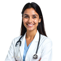 Medical professional female doctor close-up portrait, isolated transparent background PNG, confident healthcare worker smiling, medical staff in white coat, healthcare and wellness concept image