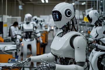 futuristic factory where ai-powered robots work in perfect harmony with humans