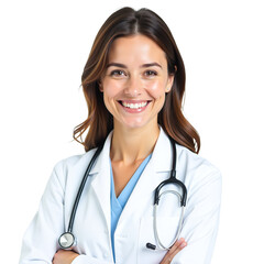 Smiling young woman medical professional with stethoscope, isolated transparent background PNG, confident healthcare worker portrait, female doctor in medical attire, healthcare and wellness concept