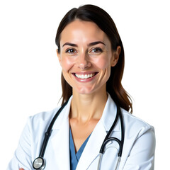 Beautiful young female medical professional smiling, healthcare worker with stethoscope, isolated clear background PNG, confident woman doctor in medical attire, healthcare and medicine concept image