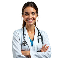 Female doctor smiling confidently wearing stethoscope and white coat isolated on white background, professional healthcare worker portrait, modern medical expert, clean clinical image for health desig