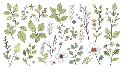 Botanical illustration set of leaves, flowers, and branches.