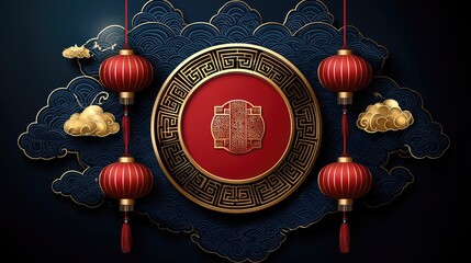. Red lanterns, gold clouds, ornate circle on dark blue backdrop for festive celebrations.