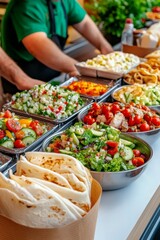 Obraz premium Vista aérea de un restaurante de comida rápida y casual con ensaladas frescas y opciones saludables