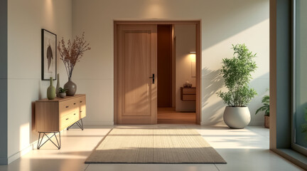 bright entryway with light wood door minimalist decor