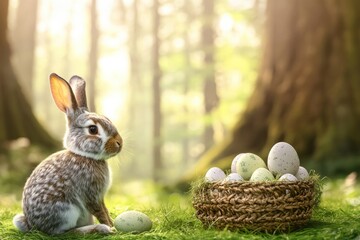 painterly-style easter scene featuring bunny sitting next to basket of eggs on fresh green grass