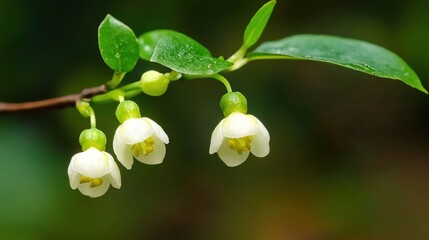 Delicate White Flowers Blooming on Green Branch Nature Photography