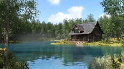 Fototapeta premium Lakeside log cabin nestled in tranquil forest.