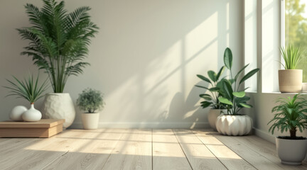 sunlit room with green plants white pots