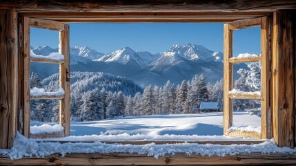 Snowy Mountain View Through Rustic Wooden Window Framed by Frost and Trees in Winter, Capturing the Beauty of Nature's Landscape and Peaceful Serenity