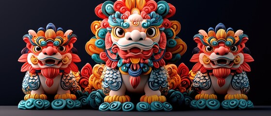.  Three colorful Nian statues on a dark background, ideal for cultural projects.