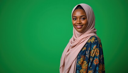 Portrait of a Smiling Young African Muslim Woman Wearing a Floral Dress and a Light Pink Hijab Against a Vibrant Green Background