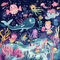 Child Explores Vibrant Underwater World With Whimsical Creatures