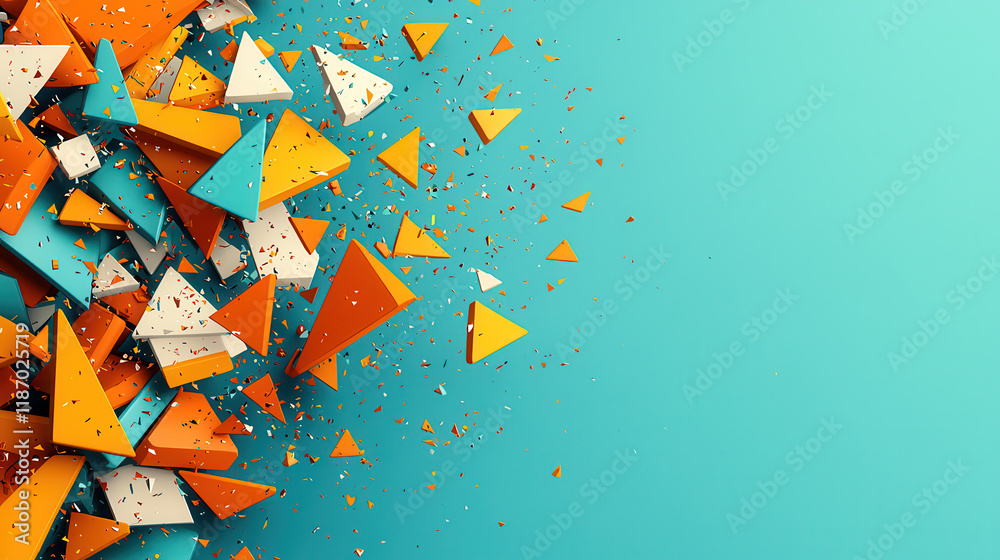 Poster Dynamic geometric shapes in vibrant colors create energetic composition. explosion of orange, teal, and white triangles adds playful touch to design, perfect for modern art