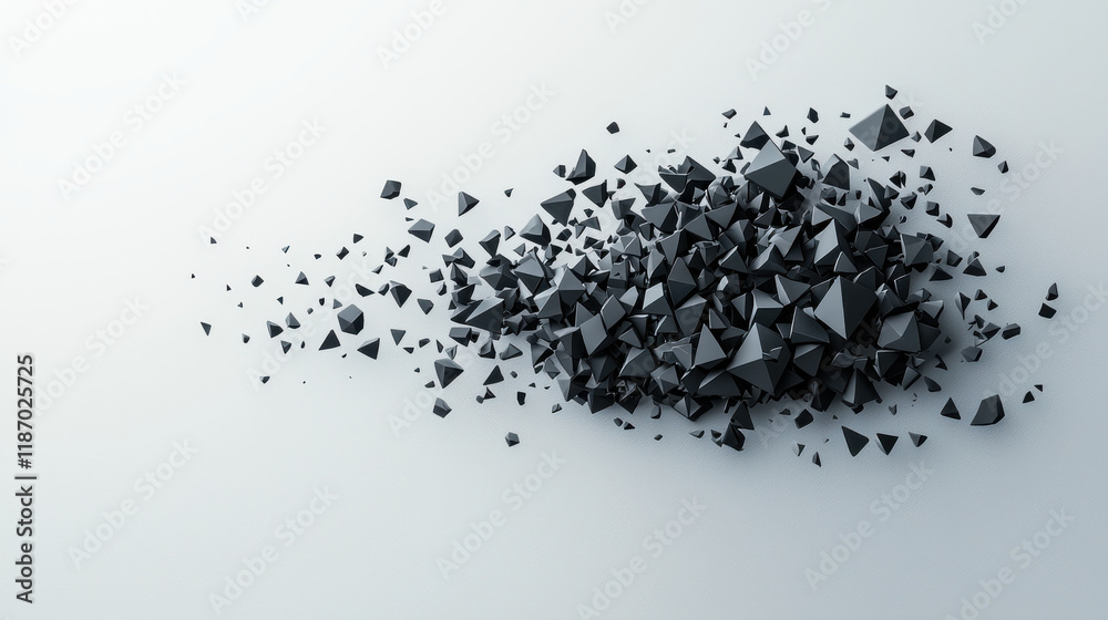 Poster dynamic arrangement of black geometric shapes creates abstract composition, showcasing blend of sharp angles and smooth surfaces. This striking visual evokes sense of movement and depth