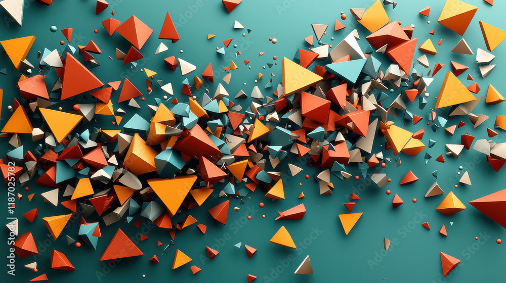 Aufkleber Dynamic geometric shapes vibrant colors create abstract composition. image features mix of triangles orange, blue, and cream, set against teal background, evoking sense of movement and energy