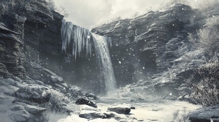 Majestic frozen waterfall in snowy canyon during winter ice storm.