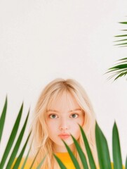 Fototapeta premium A stunning girl with blonde hair stands amidst lush green leaves, exuding natural beauty and serenity. Her captivating gaze connects with nature in an enchanting portrait.