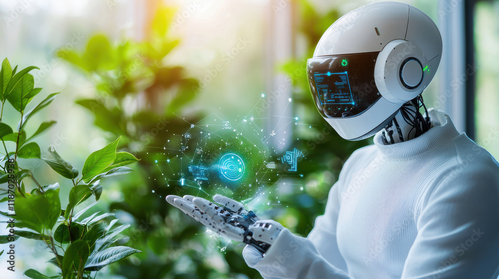 Fototapete futuristic robot with sleek design interacts with digital elements in lush green environment, showca