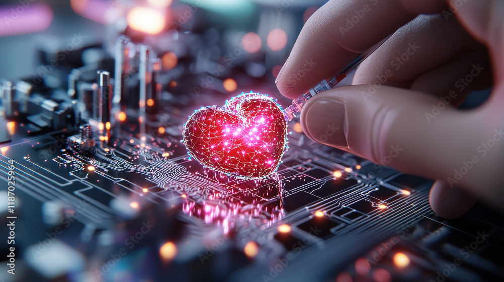 Poster hand holding glowing heart symbol on circuit board, representing futuristic bioengineering and techn