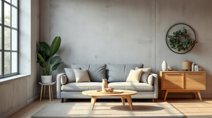 serene living room with gray sofa wooden accents