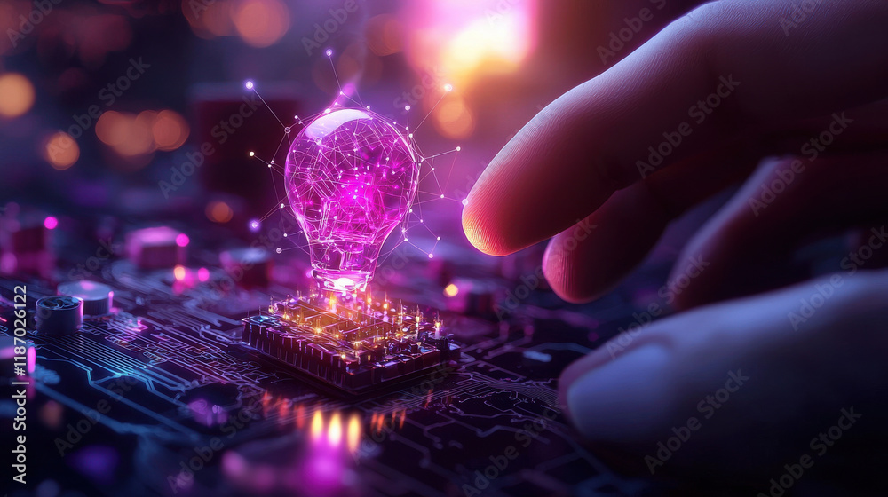 Poster hand reaching towards glowing light bulb on circuit board symbolizes innovation and technology. vibr
